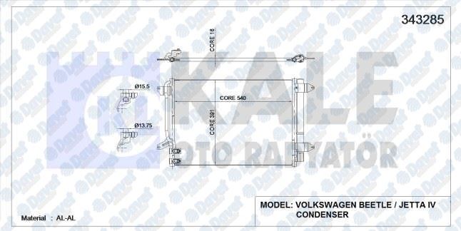 KALE 343285 Klima Radyatoru Vw Beetle / Jetta Iv 1.6 Tdi / 1.4 Tsi / 2.0 Tdi 12> (Al/Al) (Kurutucu Ile)